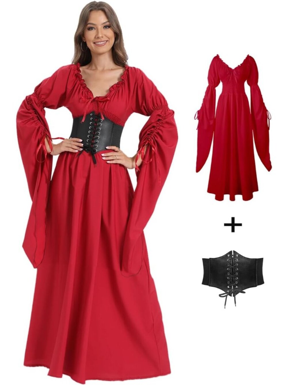 🎃 Women Red Renaissance Witch Dress Peasant Gothic Fairy Halloween Costumes